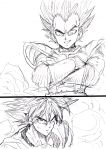  2boys armor close-up commentary_request crossed_arms dragon_ball dragonball_z evil_smile eyebrows_visible_through_hair frown gloves highres looking_at_another male_focus monochrome multiple_boys murata_yuusuke panels simple_background smile son_gokuu spiky_hair sweatdrop tail upper_body vegeta white_background 