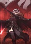  1girl ahoge armor armored_dress banner black_cape black_dress black_legwear blackball cape dress eyebrows_visible_through_hair fate/grand_order fate_(series) fur_trim holding holding_sword holding_weapon jeanne_d&#039;arc_(alter)_(fate) jeanne_d&#039;arc_(fate)_(all) looking_at_viewer short_hair silver_hair solo standing sword thigh-highs weapon yellow_eyes 