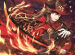  1girl :d akae_neo black_hat black_jacket cape eyebrows_visible_through_hair eyebrows_visible_through_hat fate/grand_order fate_(series) fire gloves hair_between_eyes hat highres holding holding_sword holding_weapon jacket katana long_hair military military_hat military_uniform oda_nobunaga_(fate) open_mouth red_cape red_eyes smile solo standing sword uniform upper_body weapon white_gloves 