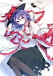  1girl black_legwear black_skirt bow capelet chokie frilled_ribbon frills hat hat_bow highres long_skirt lying nagae_iku purple_hair red_bow red_eyes ribbon short_hair skirt solo touhou 