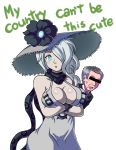  1boy 1girl aqua_eyes black_gloves breasts can&#039;t_be_this_cute censored cleavage copyright crossed_arms darkyamatoman dress gloves grey_hair hair_over_one_eye hat highres identity_censor kantai_collection large_breasts lee_hsien_loong meme open_mouth ore_no_imouto_ga_konna_ni_kawaii_wake_ga_nai parody pout real_life scarf seaport_summer_hime singapore teeth title_parody 