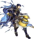  1boy armor armored_boots axe bangs battle_axe belt blue_eyes blue_hair boots broken_armor cape fire_emblem fire_emblem:_rekka_no_ken fire_emblem_heroes full_body gauntlets hector_(fire_emblem) highres holding holding_weapon long_sleeves official_art pants parted_lips scar short_hair shoulder_armor shoulder_pads smile solo torn_cape torn_clothes transparent_background wada_sachiko weapon 