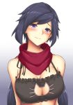 1girl arciealbano ayame_(gundam_build_divers) bangs black_bra black_hair blush bra breasts cat_cutout cat_lingerie cleavage cleavage_cutout grey_background gundam gundam_build_divers hair_ribbon highres large_breasts long_hair looking_at_viewer meme_attire parted_bangs ponytail red_scarf ribbon scarf signature smile solo standing underwear very_long_hair violet_eyes yellow_ribbon 