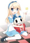  alice_(wonderland) alice_(wonderland)_(cosplay) blonde_hair blue_eyes cosplay kuma_(persona_4) mani mary_janes original pantyhose persona persona_4 shoes smile trap white_legwear 