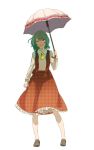  green_hair kazami_yuuka mugishima_orie parasol plaid plaid_skirt plaid_vest red_eyes shoes short_hair skirt skirt_set standing touhou umbrella unmoving_pattern white_background 