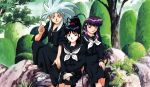  3girls black_hair hakubi_ryoko masaki_achika masaki_aeka_jurai purple_hair red_eyes ryouko_(tenchi_muyou!) school_uniform silver_hair spiked_hair spiky_hair tenchi_muyo tenchi_muyou! tenchi_muyou!_in_love tree trees 