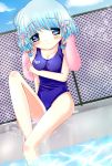  blue_hair chainlink_fence fence one-piece_swimsuit original pool poolside school_swimsuit short_hair swimsuit towel wet yuumi_neiro 