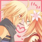  1girl blonde_hair blush brown_hair closed_eyes couple daybreak emil_castagnier flower long_hair love lowres marta_lualdi pocky pocky_kiss red_eyes scarf shared_food tales_of_(series) tales_of_symphonia tales_of_symphonia_knight_of_ratatosk 