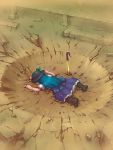  boots crater faceplant failure food fruit hat hinanawi_tenshi long_hair on_stomach peach sankuma skirt solo sword sword_of_hisou touhou weapon 