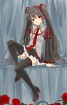  alternate_color black_hair boots detached_sleeves flower hatsune_miku high_heels long_hair necktie red_eyes red_rose rose roses shoes skirt smile thigh-highs thigh_boots thighhighs twintails very_long_hair vocaloid zatsune_miku 