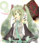  aqua_eyes aqua_hair bad_id detached_sleeves green_eyes green_hair hatsune_miku long_hair lowres mouth_hold necktie pocky skirt twintails vocaloid 