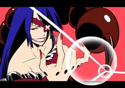  blue_hair breasts caw=zoo cleavage dress eyecatch eyepatch fingernails frills grin lipstick long_hair nail_polish nails red_eyes smile tattoos tengen_toppa_gurren_lagann wallpaper 