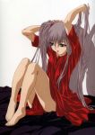  barefoot bed dress feet gotou_keiji highres hoshino_ruri kidou_senkan_nadesico kidou_senkan_nadesico_-_prince_of_darkness lipstick martian_successor_nadesico red_dress solo thighs twintails 