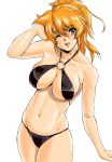  blonde_hair breasts cleavage excellen_browning funky-harem shiny shiny_skin shu-z simple_background super_robot_wars swimsuit wink 