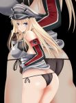  1girl ass bismarck_(kantai_collection) breasts commentary_request hat iron_cross kantai_collection large_breasts long_hair looking_at_viewer murakumo_(sniper) panties solo striped striped_panties thighs underwear 