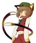  :d brown_eyes brown_hair cat_ears cat_tail chen colored_eyelashes eyelashes fangs hat highres lieutenant_dan midriff multiple_tails navel open_mouth short_hair simple_background smile tail touhou 