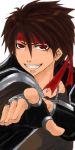  bad_id brown_hair close-up fingerless_gloves gloves grin headband jacket jewelry majutsushi_orphen male necklace orphen pointing red_hair smile solo wadumi 