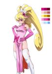  1girl aida_mana alternate_costume armpits bare_shoulders blonde_hair blush chinese_clothes cure_heart dokidoki!_precure elbow_gloves gan_balance gloves hand_on_hip precure red_eyes side_slit simple_background smile solo standing thigh-highs white_background white_legwear 