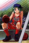  baseball_cap basketball basketball_uniform breasts cleavage gotou_keiji green_hair hat highres kidou_senkan_nadesico loose_shirt martian_successor_nadesico ryoko_subaru shoes shorts sneakers socks solo sportswear subaru_ryoko 