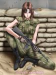  assault_rifle boots brown_eyes brown_hair camouflage cigarette gun headband long_hair m16 military military_uniform operator rifle sitting smoking uniform weapon 