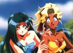  90s blonde_hair blue_eyes breasts cleavage earrings green_hair jewelry kuramitsu_mihoshi large_breasts makibi_kiyone multiple_girls official_art scan scan_artifacts tenchi_muyo tenchi_muyou! tenchi_muyou!_uchuu_hen wink 