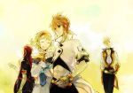  3boys asch blonde_hair choker gloves green_eyes guy_cecil hairband long_hair luke_fon_fabre multiple_boys natalia_luzu_kimlasca_lanvaldear red_hair redhead smile surcoat tales_of_(series) tales_of_the_abyss 