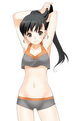  arms_up black_hair boyshorts brown_eyes crop_top long_hair mattaku_mosuke midriff navel ponytail shorts 