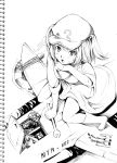  boots from_above hair_bobbles hair_ornament hat innertube kawashiro_nitori kyuu_umi millipen_(medium) monochrome screwdriver short_hair sweat tools touhou traditional_media twintails water wrench 
