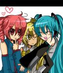  aqua_hair bad_id blonde_hair buttons cellphone detached_sleeves drill_hair glomp hatsune_miku heart hug kasane_teto long_hair necktie phone red_eyes red_hair redhead setagaya triple_baka_(vocaloid) twintails utau vocaloid yellow_eyes 