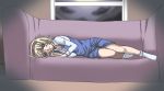  1girl alice_margatroid blonde_hair blue_eyes couch haruichi legs lying on_side open_clothes open_shirt shirt short_hair socks touhou 