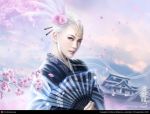 castle cherry_blossoms cloud clouds crane_clan digital_art east_asian_architecture fan flower hair_ornament hairpin japanese_architecture japanese_clothes kakita_taminoko kimono legend_of_the_five_rings mario_wibisono markings petals raynkazuya realistic sky white_hair