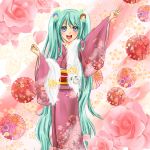  aqua_hair cow flower hatsune_miku highres japanese_clothes kagamine_len kagamine_rin kaito kimono long_hair meiko open_mouth rose roses sagami_nako twintails v very_long_hair vocaloid 