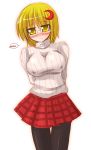  1girl bespectacled blonde_hair blush breasts casual female glasses large_breasts lunasa_prismriver pantyhose ribbed_turtleneck_sweater short_hair skirt smile solo sweater touhou yellow_eyes 