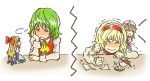  alice_margatroid ascot blush charin chin_rest closed_eyes cup eavesdropping hourai hourai_doll kazami_yuuka shanghai shanghai_doll stifled_laugh teacup touhou trembling vest wavy_mouth 