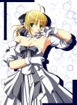  armpits bare_shoulders blonde_hair bow breasts bubble bubbles cleavage dress fate/stay_night fate/unlimited_codes fate_(series) gloves green_eyes hair_bow hiya ponytail ribbon ribbons saber saber_lily solo tongue 