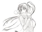  breath bust h-new long_hair looking_back monochrome scarf side_ponytail sketch smile solo sweater traditional_media 