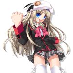  blonde_hair blue_eyes blush buttons cape fang fangs hat large_buttons little_busters! little_busters!! long_hair noumi_kudryavka open_mouth plaid plaid_skirt ribbon ribbons rindou rindou_(awoshakushi) school_uniform silver_hair skirt tartan thigh-highs thighhighs 