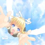  air blonde_hair blue_eyes child feathers foreshortening hair_ribbon hair_ribbons hands kamio_misuzu kito lowres open_mouth ribbon ribbons school_uniform sky smile wings 