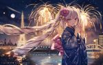  1girl :d bangs blue_eyes blue_kimono blush building city_lights cityscape commentary eiffel_tower eyebrows_visible_through_hair fate/apocrypha fate_(series) fireworks floral_print flower full_moon hair_flower hair_ornament hands_together highres japanese_clothes junpaku_karen kimono long_hair long_sleeves looking_at_viewer marie_antoinette_(fate/grand_order) moon night night_sky obi open_mouth river sash silver_hair sky smile solo twintails very_long_hair water wide_sleeves 