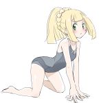  1girl all_fours barefoot blonde_hair blush collarbone full_body green_eyes highres lillie_(pokemon) long_hair looking_at_viewer nagitaro pokemon pokemon_(game) pokemon_sm ponytail school_swimsuit simple_background sketch solo sweatdrop swimsuit tied_hair white_background 