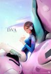  1girl black_cat bodysuit breasts brown_hair cat clouds cup d.va_(overwatch) drinking_straw gloves grey_eyes ground_vehicle holding holding_cup long_hair looking_at_viewer mecha military military_vehicle motor_vehicle overwatch ross_tran sideboob sitting skin_tight sky smile tank 