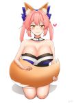  1girl 1nilla&#039; animal_ears blue_ribbon blush breasts cleavage closed_mouth collarbone detached_sleeves ears_perk fang fate/extra fate/grand_order fate_(series) fox_ears fox_tail hair_ribbon japanese_clothes large_breasts looking_at_viewer pink_hair pixiv_username ribbon simple_background sitting smile solo tail tamamo_(fate)_(all) tamamo_no_mae_(fate) tsurime white_background yellow_eyes 