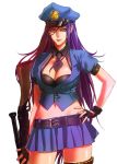  1girl belt black_bra black_gloves black_neckwear bra breasts caitlyn_(league_of_legends) cleavage commentary crop_top detached_collar fingerless_gloves gloves gun hand_on_hip hat highres hip holding holding_weapon large_breasts league_of_legends long_hair miniskirt multicolored_hair navel necktie non_(nonzile) open_clothes open_shirt peaked_cap pink_lips pleated_skirt police police_hat police_uniform policewoman purple_hair rifle short_sleeves skirt slit_pupils stomach thigh_strap thighs underwear uniform weapon yellow_eyes 