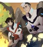  2boys black_hair campfire hyakujuu-ou_golion keith_(voltron) looking_at_another male_focus multicolored_hair multiple_boys parted_lips pilot_suit rock scar sitting sweat takashi_shirogane tetsu_(teppei) two-tone_hair undercut voltron:_legendary_defender white_hair 