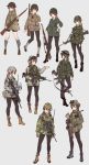  assault_rifle battle_rifle bottle camouflage evolution fangdan_runiu goggles goggles_on_headwear gun helmet highres holding holding_gun holding_weapon m14 m16 m1_garand m4_carbine military military_uniform orange_hair original pantyhose rifle short_shorts shorts simple_background soldier twintails uniform water_bottle weapon 