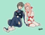  1boy 1girl bangs black_bodysuit black_hair blue_horns bodysuit breasts closed_eyes commentary_request couple darling_in_the_franxx eyes_visible_through_hair gloves hand_holding hetero hiro_(darling_in_the_franxx) horns legs_crossed long_hair medium_breasts oni_horns pilot_suit pink_hair red_horns seiza short_hair signature sitting uchikun_palette white_bodysuit white_gloves zero_two_(darling_in_the_franxx) 