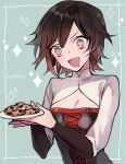  1girl blush chocolate_chip_cookie cleavage_cutout cookie corset drooling ecru food heart heart-shaped_pupils plate ruby_rose rwby solo symbol-shaped_pupils twitter_username 