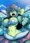  1girl angry bare_shoulders blue_hair blue_sky breasts chained chains clenched_hands clouds day fangs forehead_jewel gem giantess giga_mermaid glaring green_skin hair_ornament head_fins hips large_breasts long_hair looking_at_viewer mermaid monster_girl navel ocean open_mouth red_eyes restrained shantae_(series) shell shell_bikini sky solo stomach teeth tsuki_wani water wide_hips 