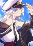  1girl absurdres adjusting_clothes adjusting_hat azur_lane bare_shoulders belt bird blue_eyes breasts clouds cloudy_sky collared_shirt enterprise_(azur_lane) expressionless eyes_visible_through_hair hair_between_eyes hat highres jacket large_breasts long_hair looking_at_viewer mephist-pheles military_hat necktie off_shoulder shirt silver_hair sky sleeveless sleeveless_shirt solo upper_body 