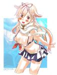  1girl alternate_costume bare_arms bare_shoulders bikini black_bikini black_ribbon blonde_hair blush border braid breasts cleavage cropped_legs eyebrows_visible_through_hair eyes_visible_through_hair french_braid hair_flaps hair_ornament hair_ribbon hairclip kantai_collection leaning_forward long_hair looking_at_viewer midriff open_mouth pleated_skirt remodel_(kantai_collection) ribbon round_teeth sagamiso scarf skirt smile solo stretched_limb swimsuit teeth twitter_username white_border white_scarf yuudachi_(kantai_collection) 